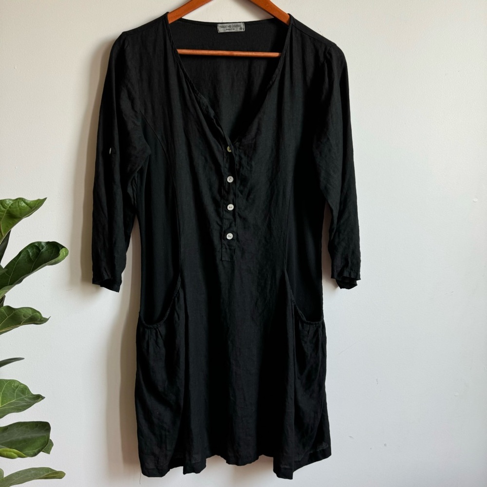Terzo Millenio Black Linen Cotton Mini Dress Size M Made In Italy V Neck